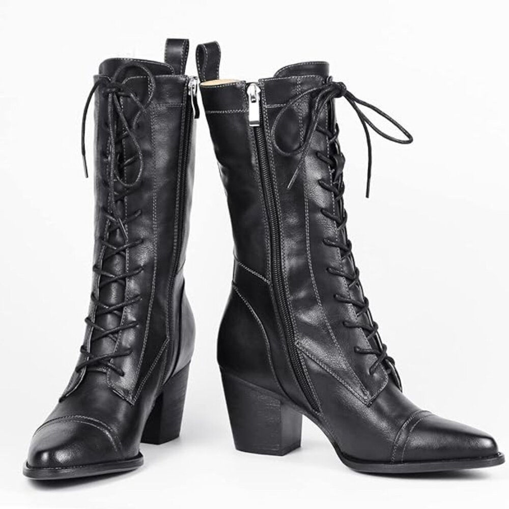 NEW! Women's Mid Calf Boots Lace up Combat Boots Leather Side Zipper-BLK